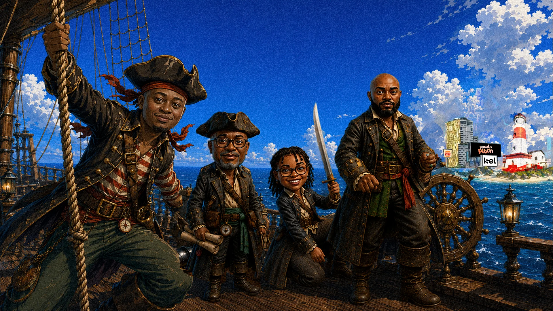 The iSel team illustrated as a pirate crew sailing toward Accra
